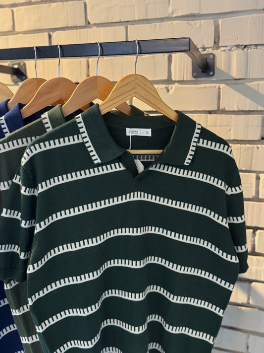 Vintage-Inspired Striped Knitted Polo-Green