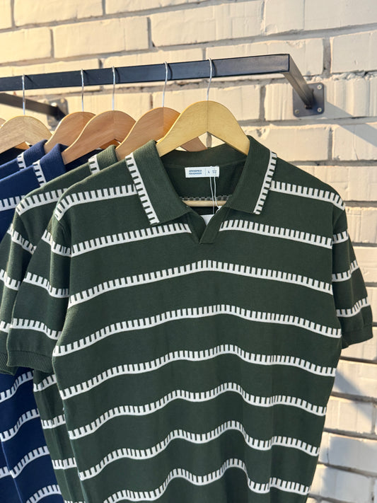 Vintage-Inspired Striped Knitted Polo-Olive