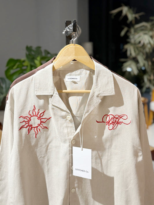 Embroidery Cuban Boxy Shirt-Sand
