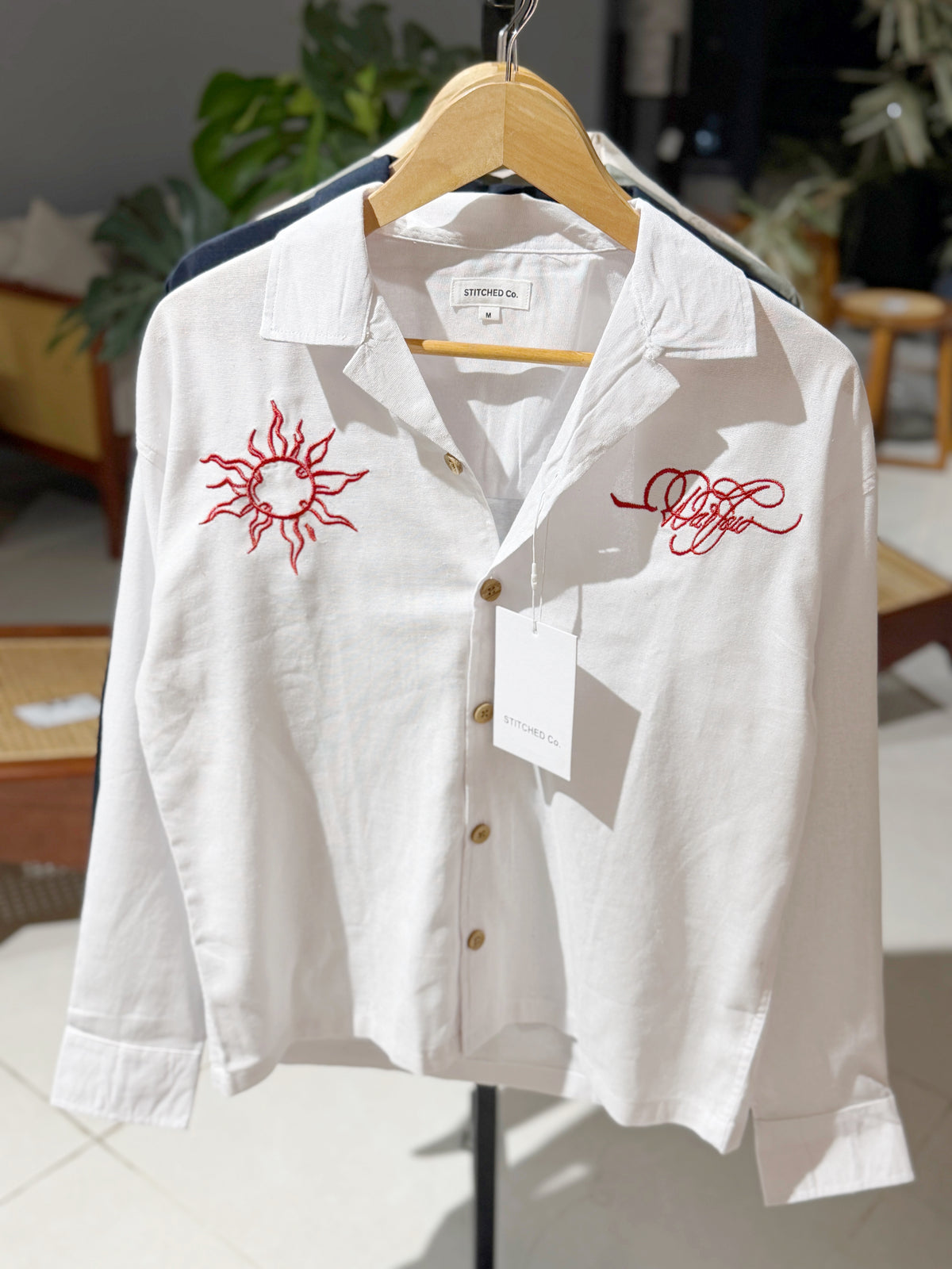 Embroidery Cuban Boxy Shirt-White
