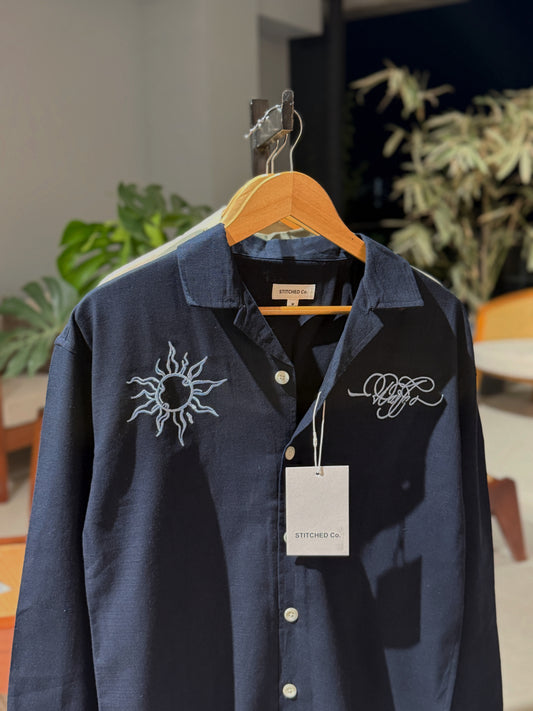 Embroidery Cuban Boxy Shirt-Navy Blue