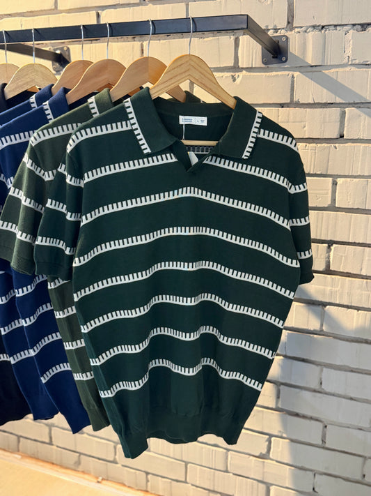 Vintage-Inspired Striped Knitted Polo-Green