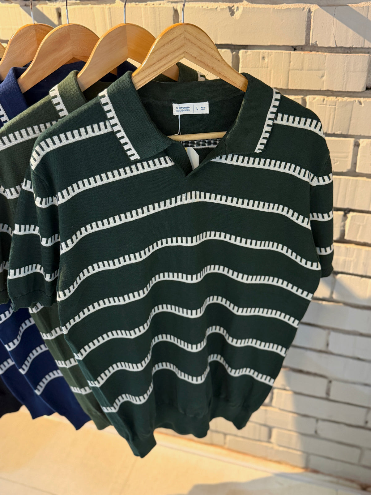Vintage-Inspired Striped Knitted Polo-Green