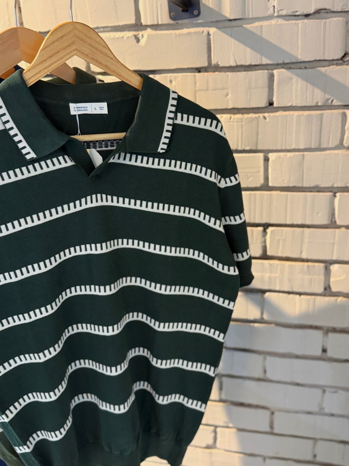 Vintage-Inspired Striped Knitted Polo-Green