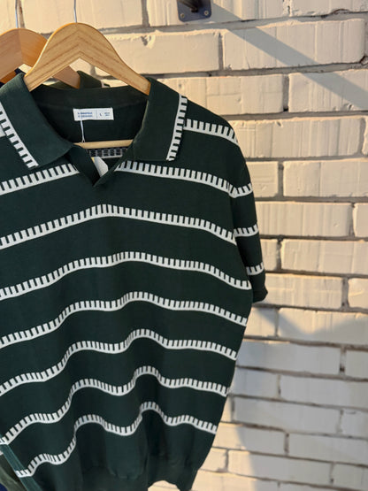 Vintage-Inspired Striped Knitted Polo-Green