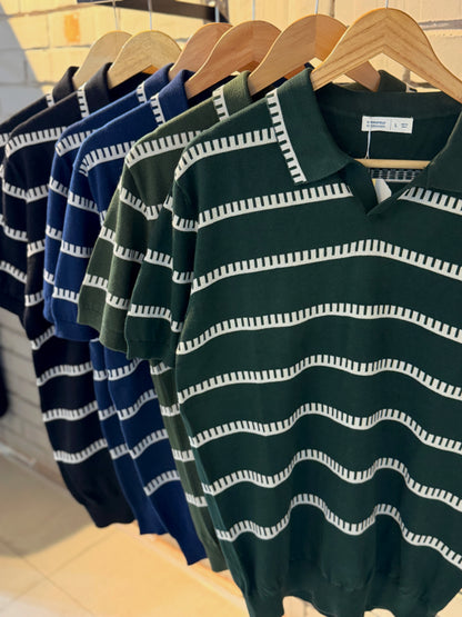 Vintage-Inspired Striped Knitted Polo-Green