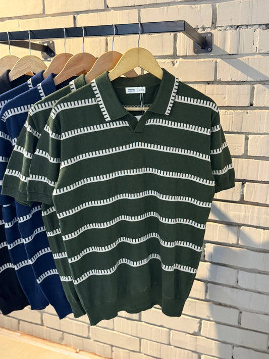 Vintage-Inspired Striped Knitted Polo-Olive