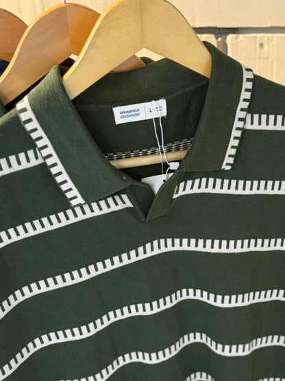 Vintage-Inspired Striped Knitted Polo-Olive