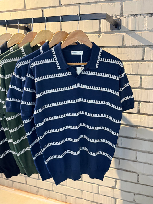 Vintage-Inspired Striped Knitted Polo-Navy Blue