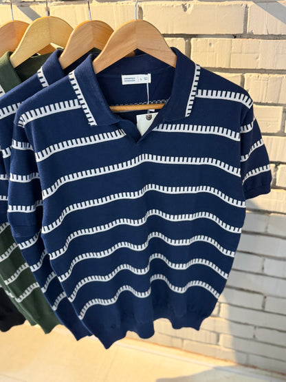 Vintage-Inspired Striped Knitted Polo-Navy Blue