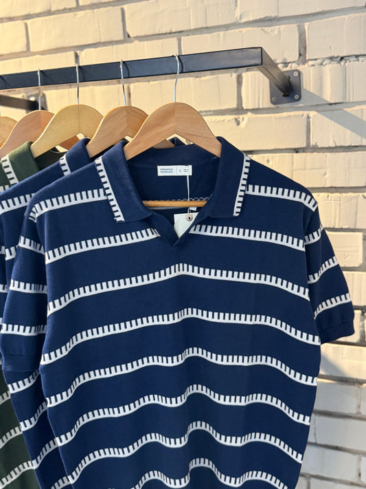 Vintage-Inspired Striped Knitted Polo-Navy Blue