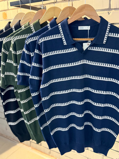 Vintage-Inspired Striped Knitted Polo-Navy Blue