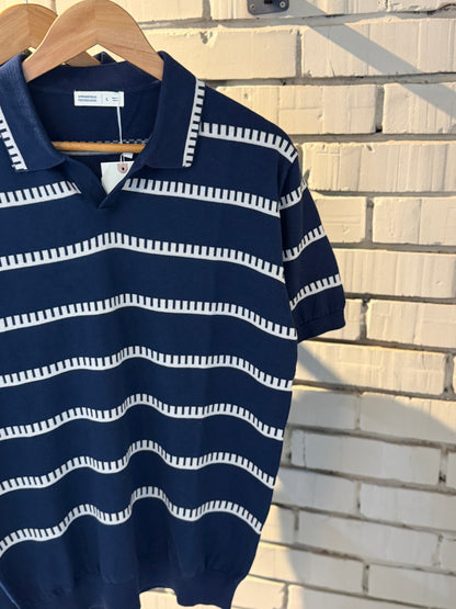 Vintage-Inspired Striped Knitted Polo-Navy Blue