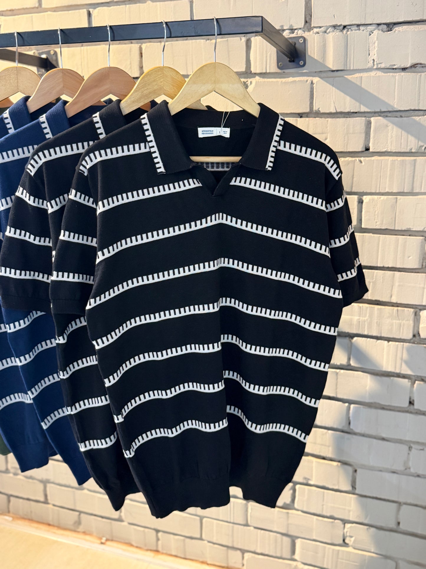Vintage-Inspired Striped Knitted Polo-Black