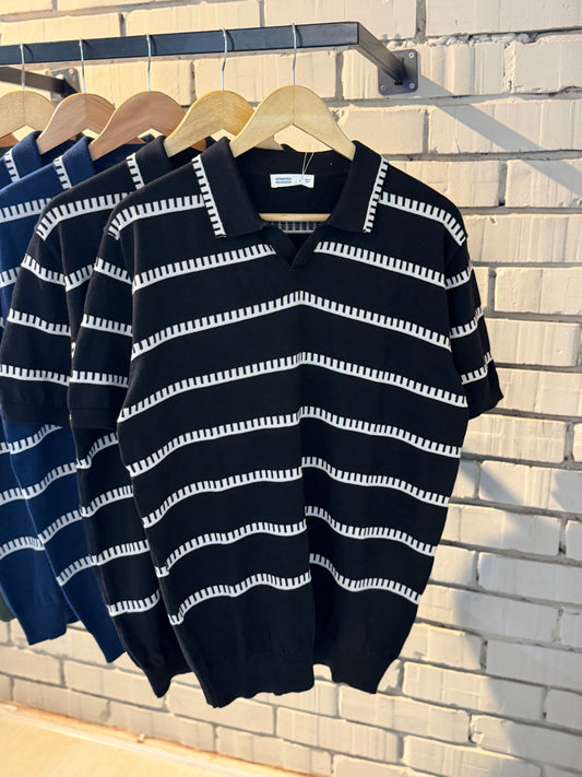 Vintage-Inspired Striped Knitted Polo-Black