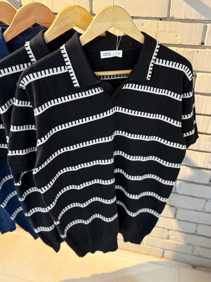 Vintage-Inspired Striped Knitted Polo-Black