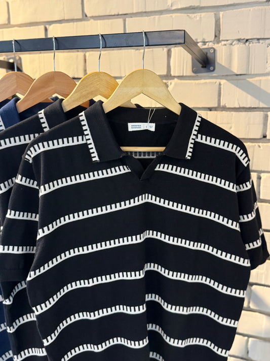 Vintage-Inspired Striped Knitted Polo-Black