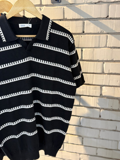 Vintage-Inspired Striped Knitted Polo-Black