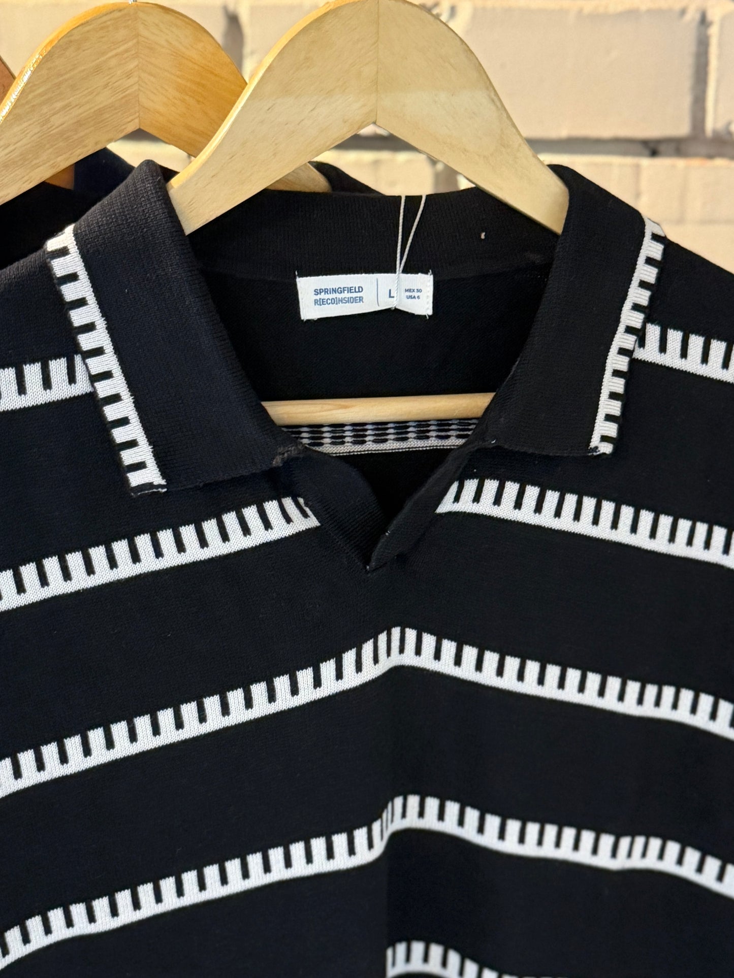 Vintage-Inspired Striped Knitted Polo-Black