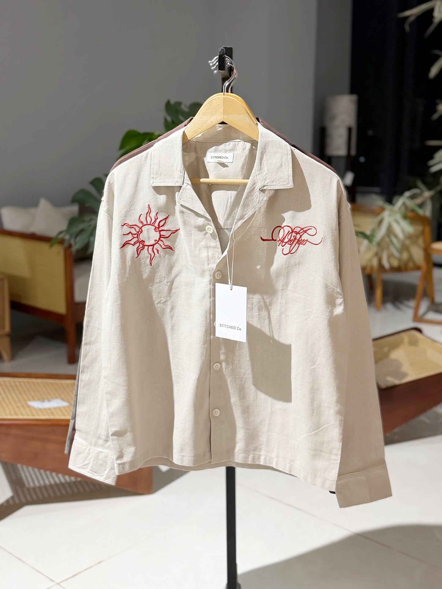 Embroidery Cuban Boxy Shirt-Sand