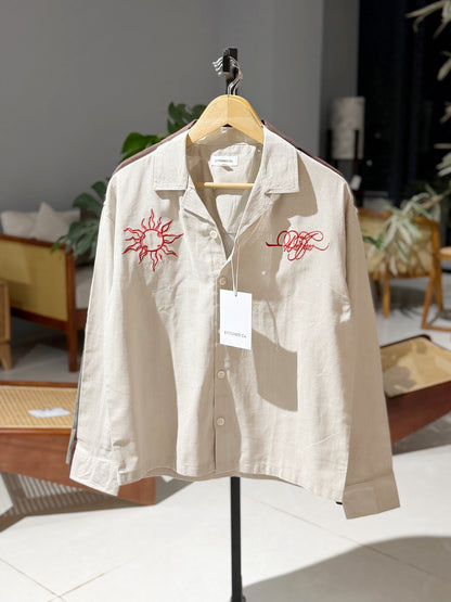 Embroidery Cuban Boxy Shirt-Sand