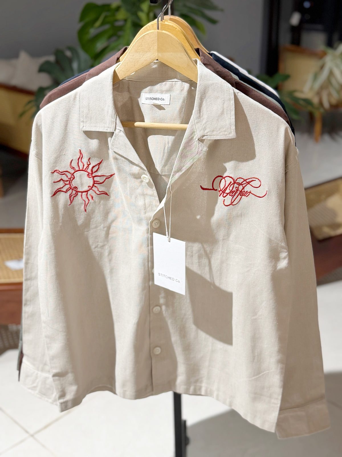 Embroidery Cuban Boxy Shirt-Sand