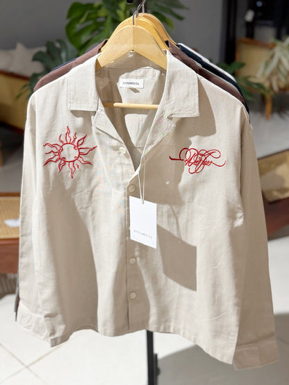 Embroidery Cuban Boxy Shirt-Sand
