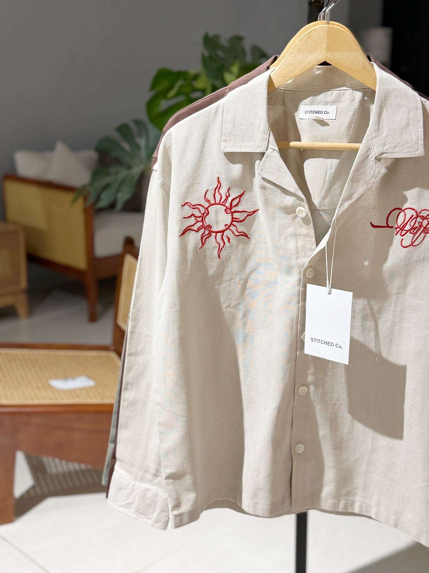 Embroidery Cuban Boxy Shirt-Sand