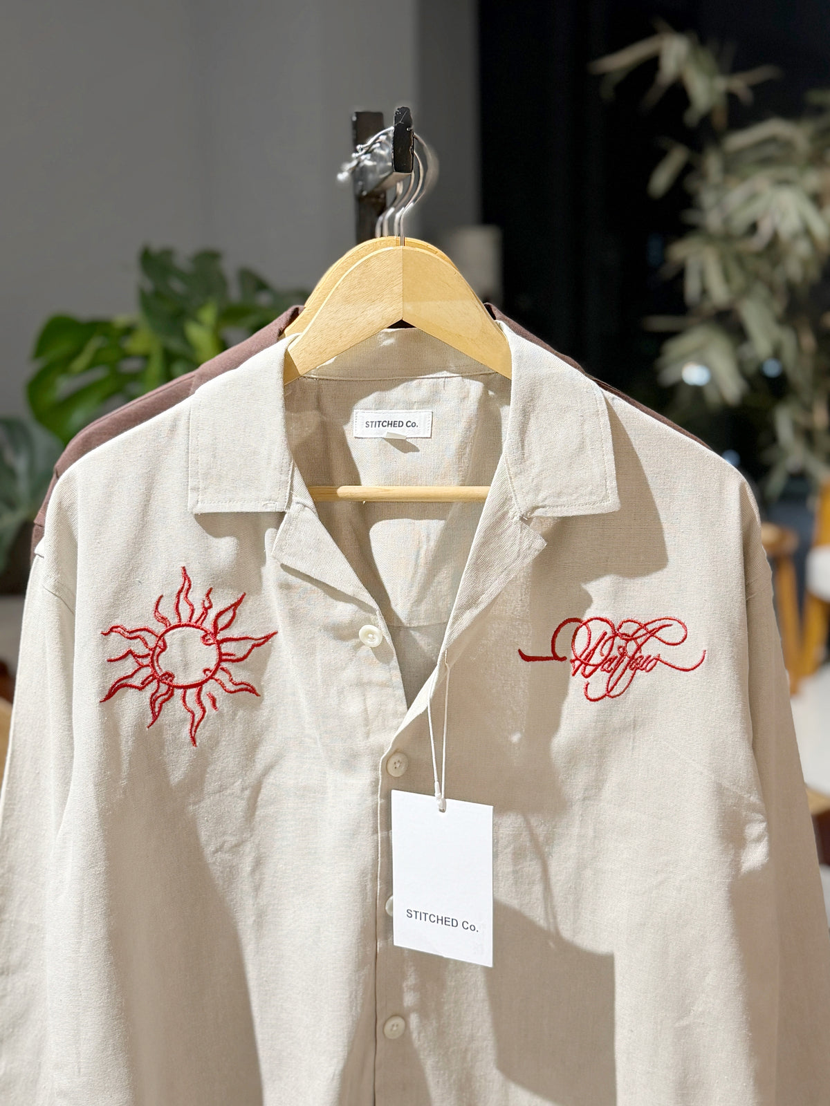 Embroidery Cuban Boxy Shirt-Sand