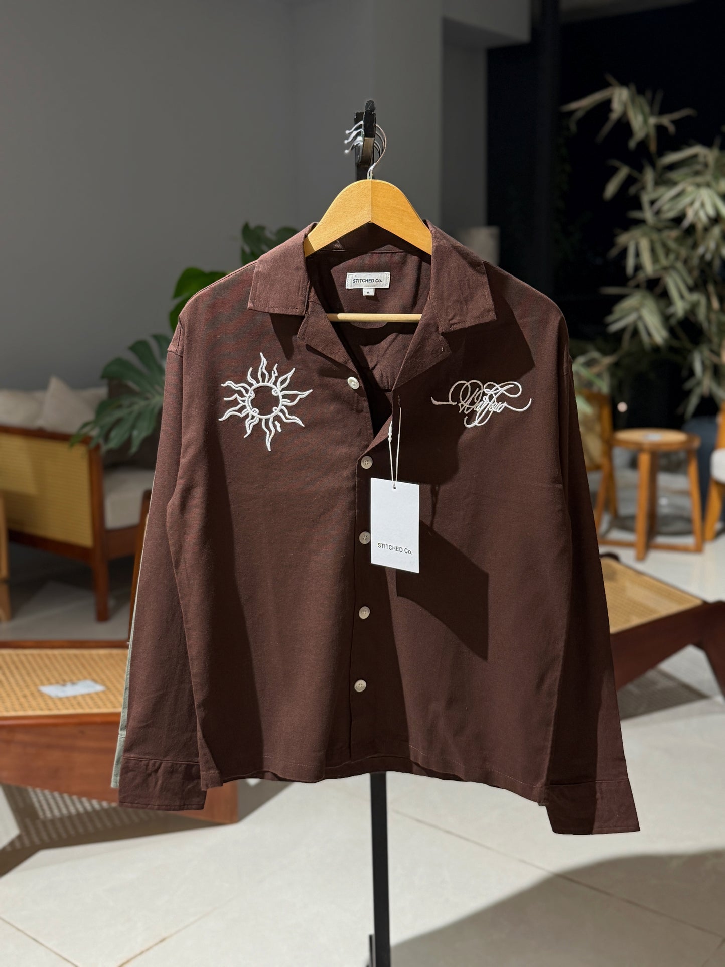 Embroidery Cuban Boxy Shirt-Coffee