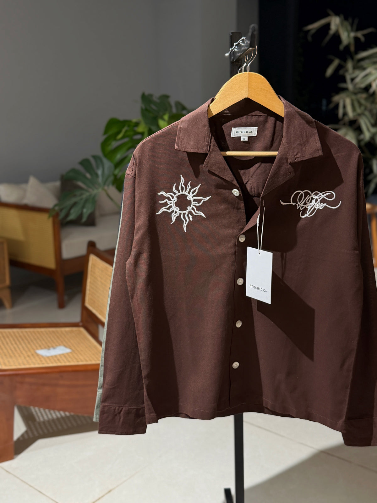 Embroidery Cuban Boxy Shirt-Coffee