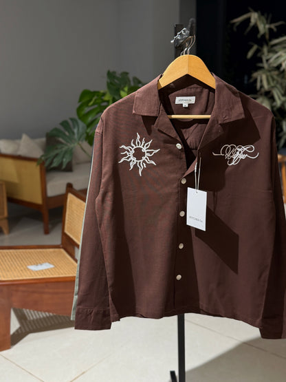 Embroidery Cuban Boxy Shirt-Coffee