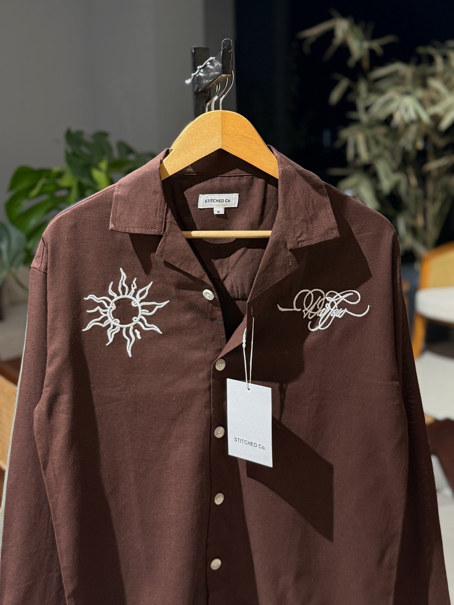 Embroidery Cuban Boxy Shirt-Coffee