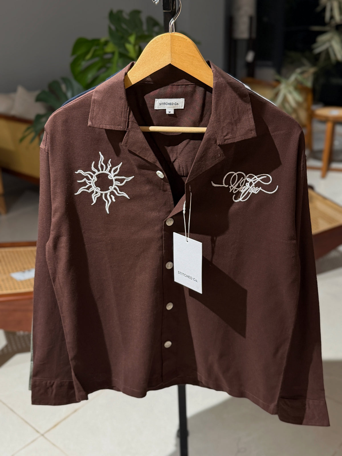 Embroidery Cuban Boxy Shirt-Coffee