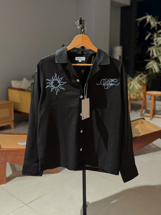 Embroidery Cuban Boxy Shirt-Black