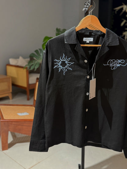 Embroidery Cuban Boxy Shirt-Black