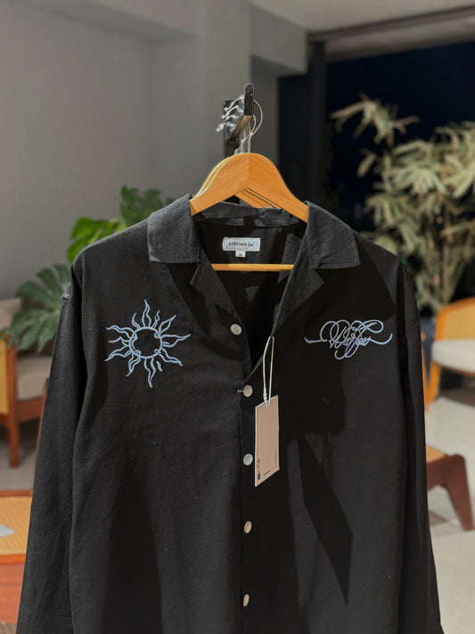 Embroidery Cuban Boxy Shirt-Black