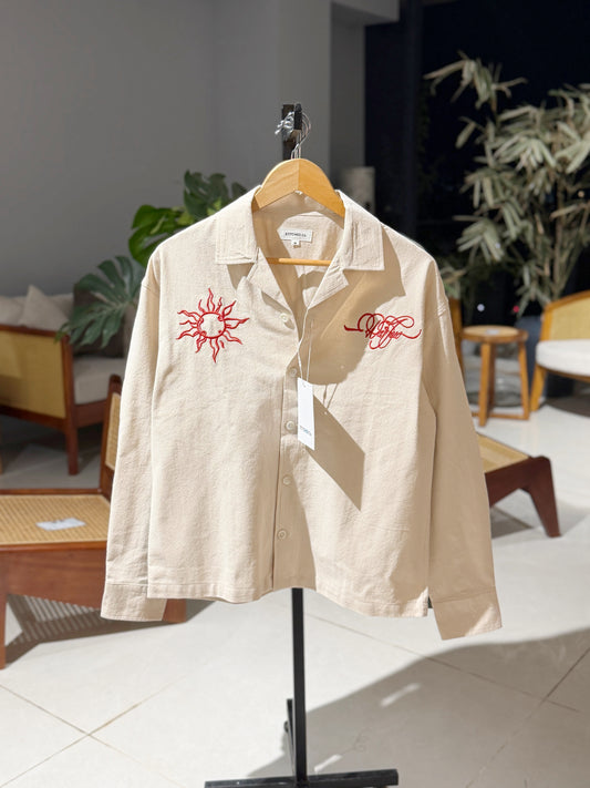 Embroidery Cuban Boxy Shirt-Beige