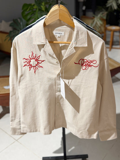 Embroidery Cuban Boxy Shirt-Beige