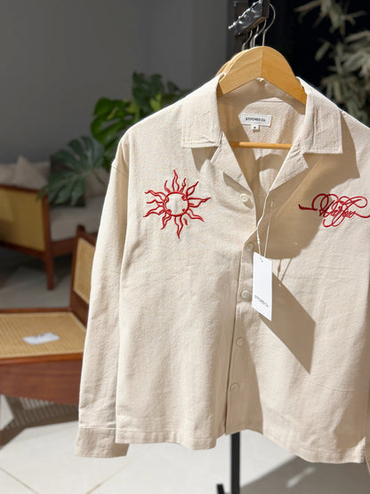 Embroidery Cuban Boxy Shirt-Beige