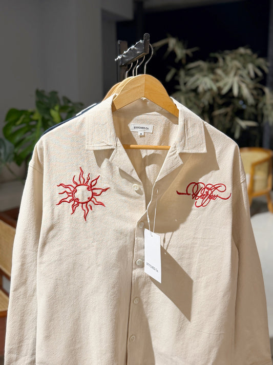 Embroidery Cuban Boxy Shirt-Beige