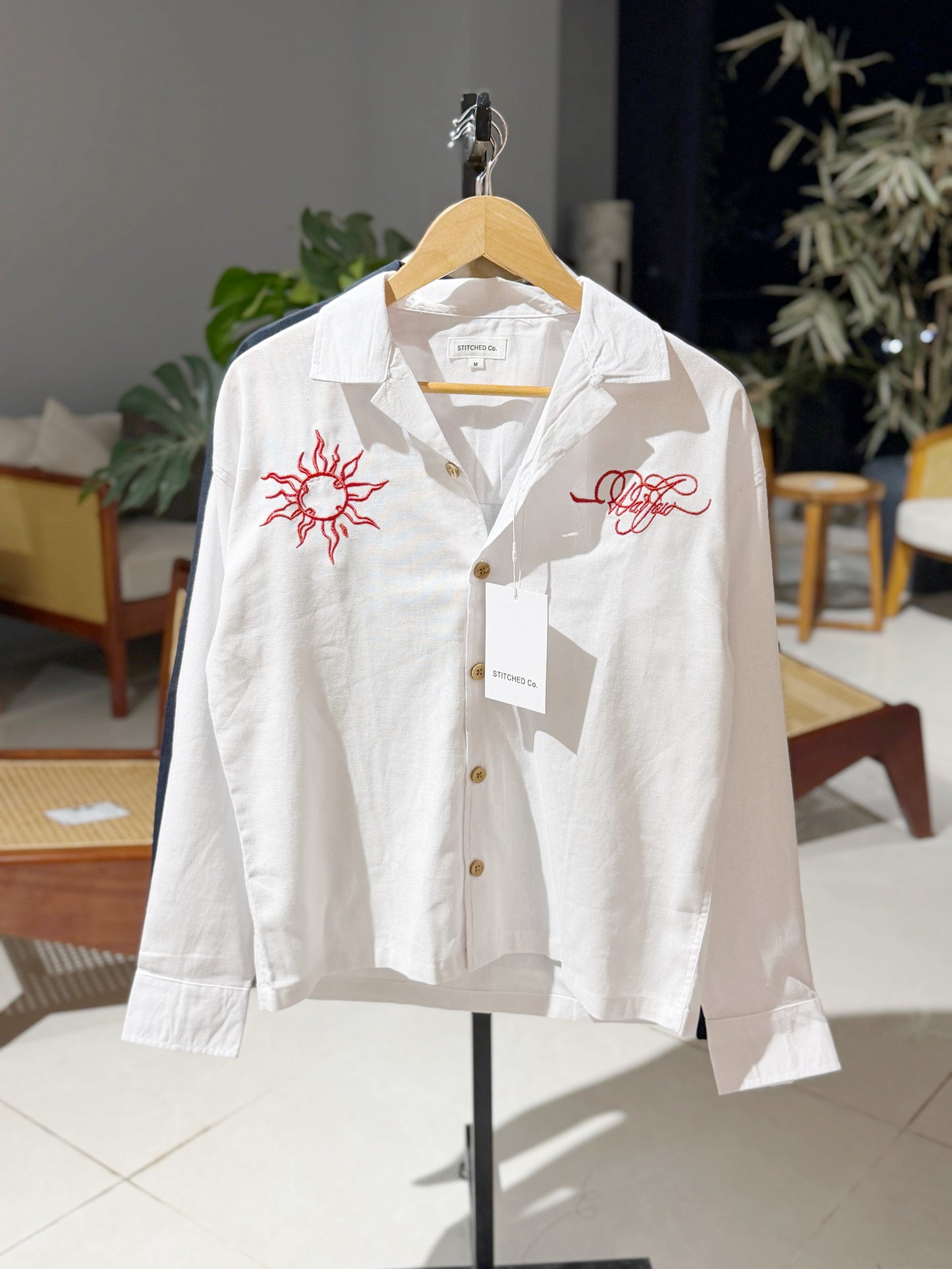 Embroidery Cuban Boxy Shirt-White