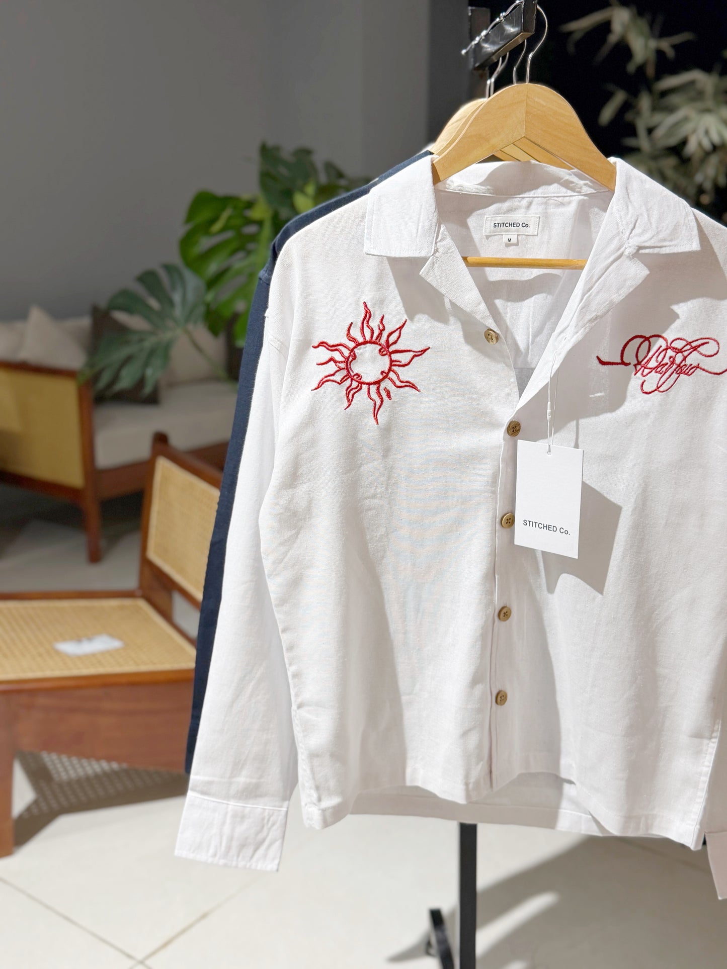 Embroidery Cuban Boxy Shirt-White