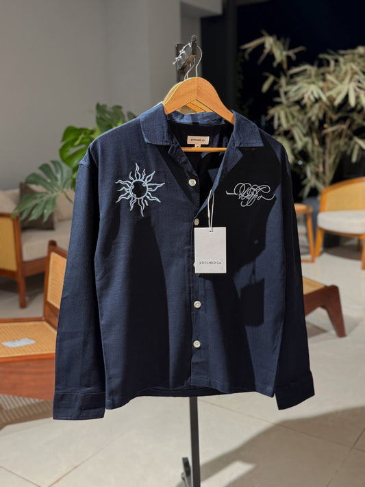 Embroidery Cuban Boxy Shirt-Navy Blue