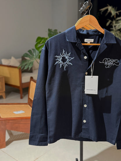 Embroidery Cuban Boxy Shirt-Navy Blue