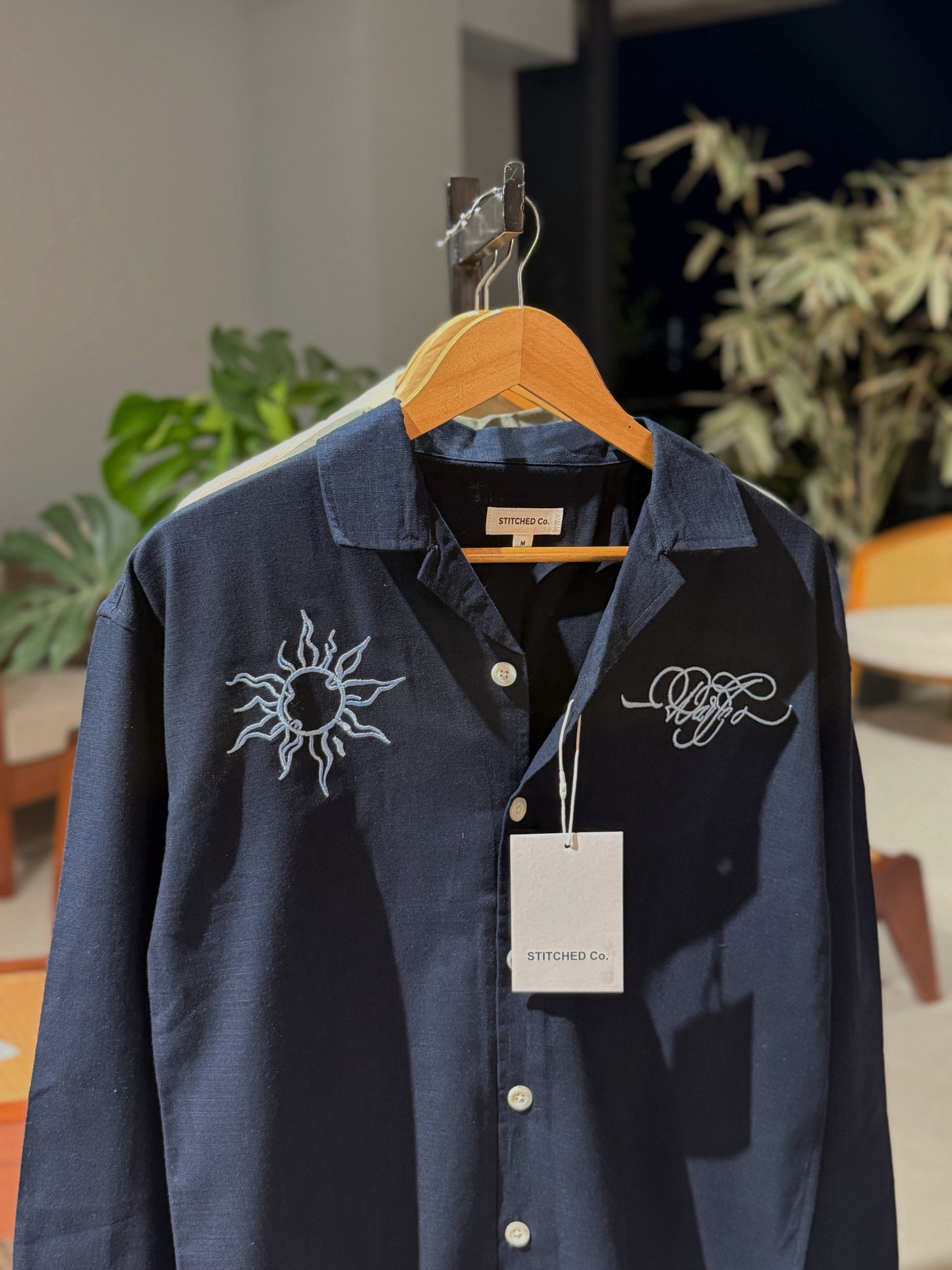 Embroidery Cuban Boxy Shirt-Navy Blue