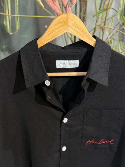 Himland Embroidery Pocket Boxy Shirt - Black