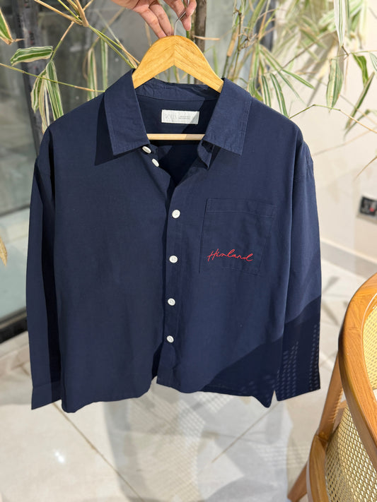 Himland Embroidery Pocket Boxy Shirt - Navy Blue