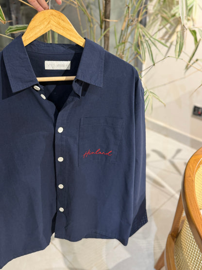 Himland Embroidery Pocket Boxy Shirt - Navy Blue