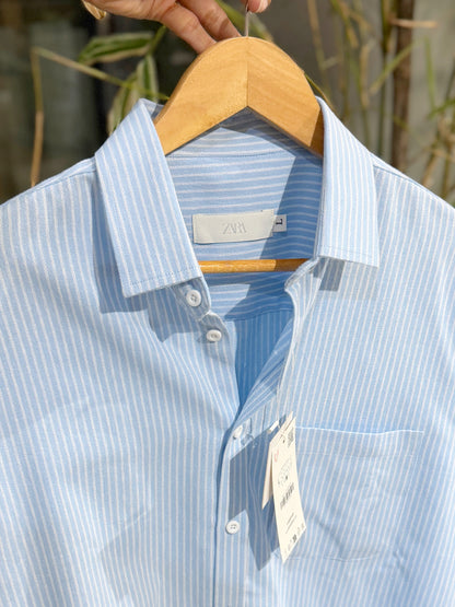 Vertical Blue & White Striped Shirt